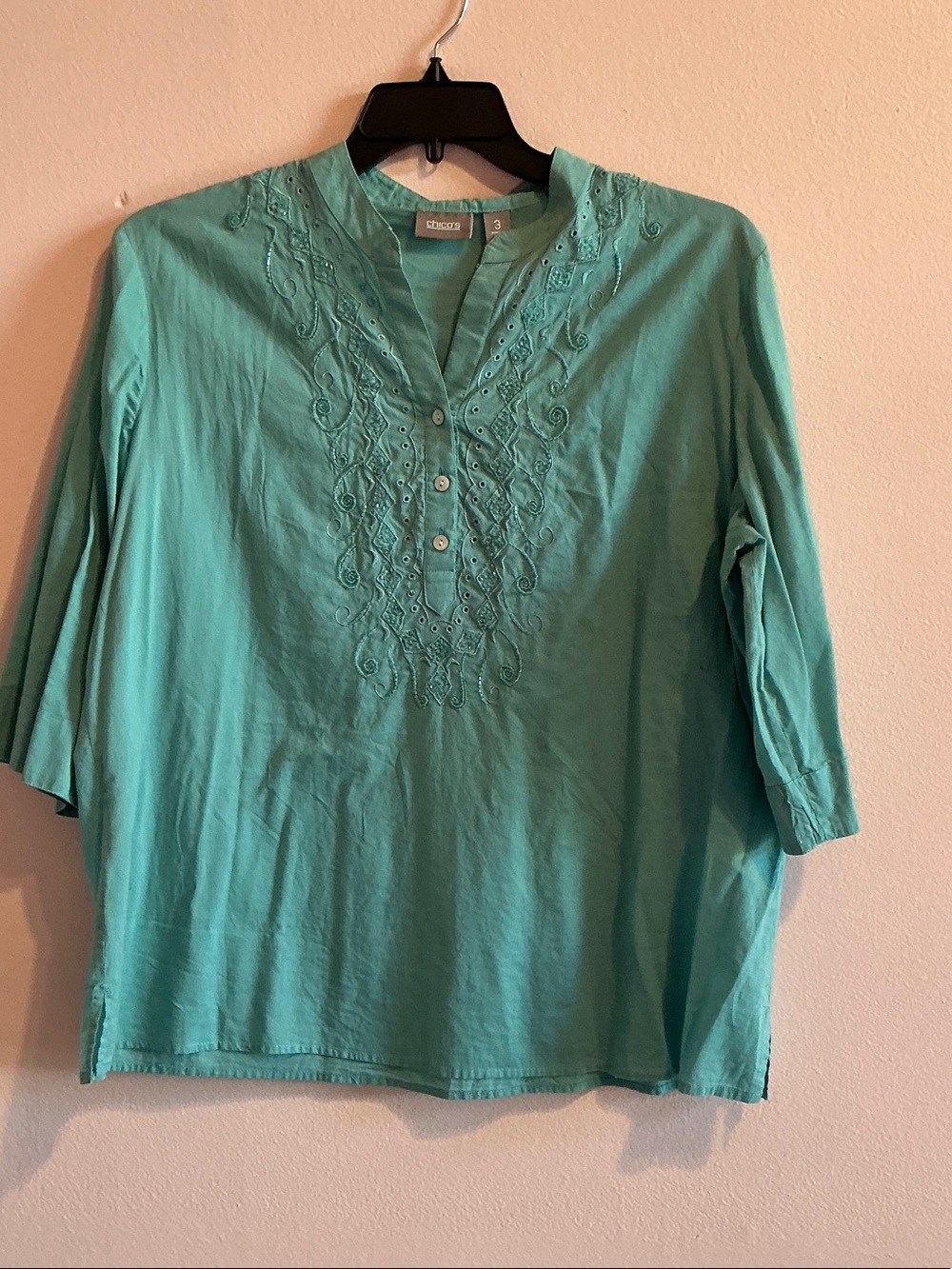 Chico's Teal Embroidered V-Neck Tunic